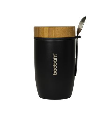 Boobam Food Θερμός - Δοχείο Φαγητού από Ανοξείδωτο Ατσάλι με Καπάκι Bamboo και Κουτάλι - Μαύρο 500ml